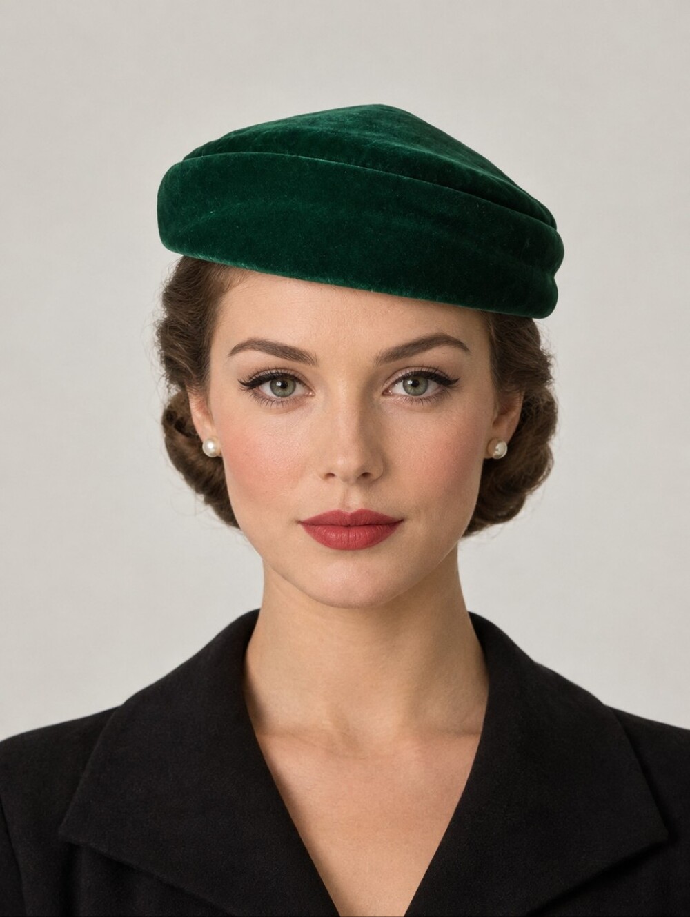 VINTAGE Bullock's Wilshire Emerald Green Velvet Beret Hat Mid Century 1950s 60s